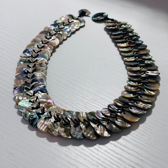 Abalone Shell Disc Bib Necklace Iridescent Statement Collar - Picture 13 of 13